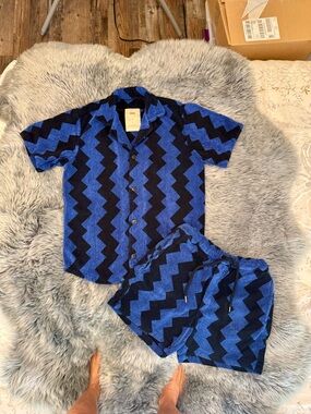 OAS Galaxy Blue & Black Terry Zigzag Short Cabana Set